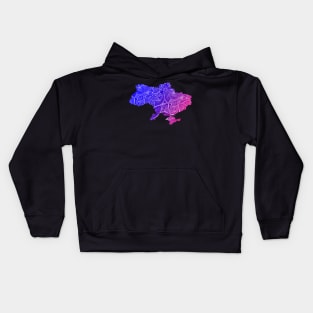 Colorful mandala art map of Ukraine with text in blue and violet Kids Hoodie